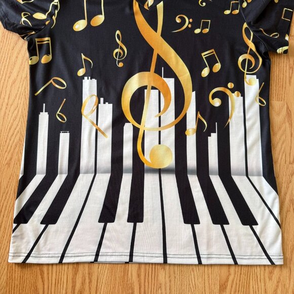 Womens Piano Keys Music Notes Graphic Tee Size XXL Black Gold V Neck Shirt Singe - Picture 4 of 8